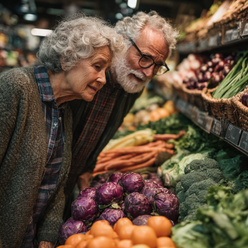 Idős pár egészséges ételekkel a konyhában