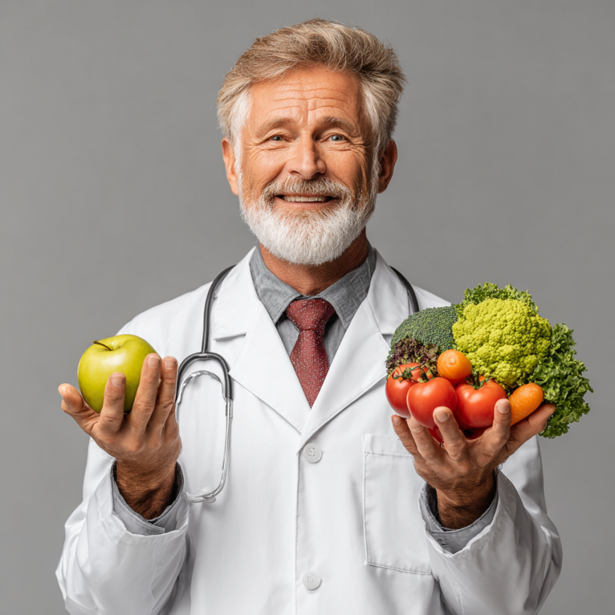 Mosolygó idős hölgy friss gyümölcsökkel és zöldségekkel